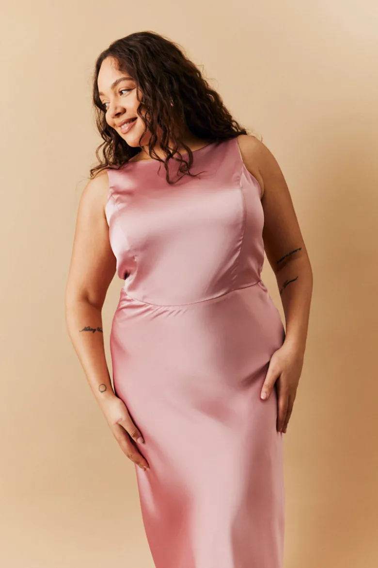 Rose Pink Satin Cowl Back Maxi Dress