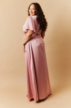 Rose Pink Satin Wrap Tie Angel Sleeve Maxi Dress