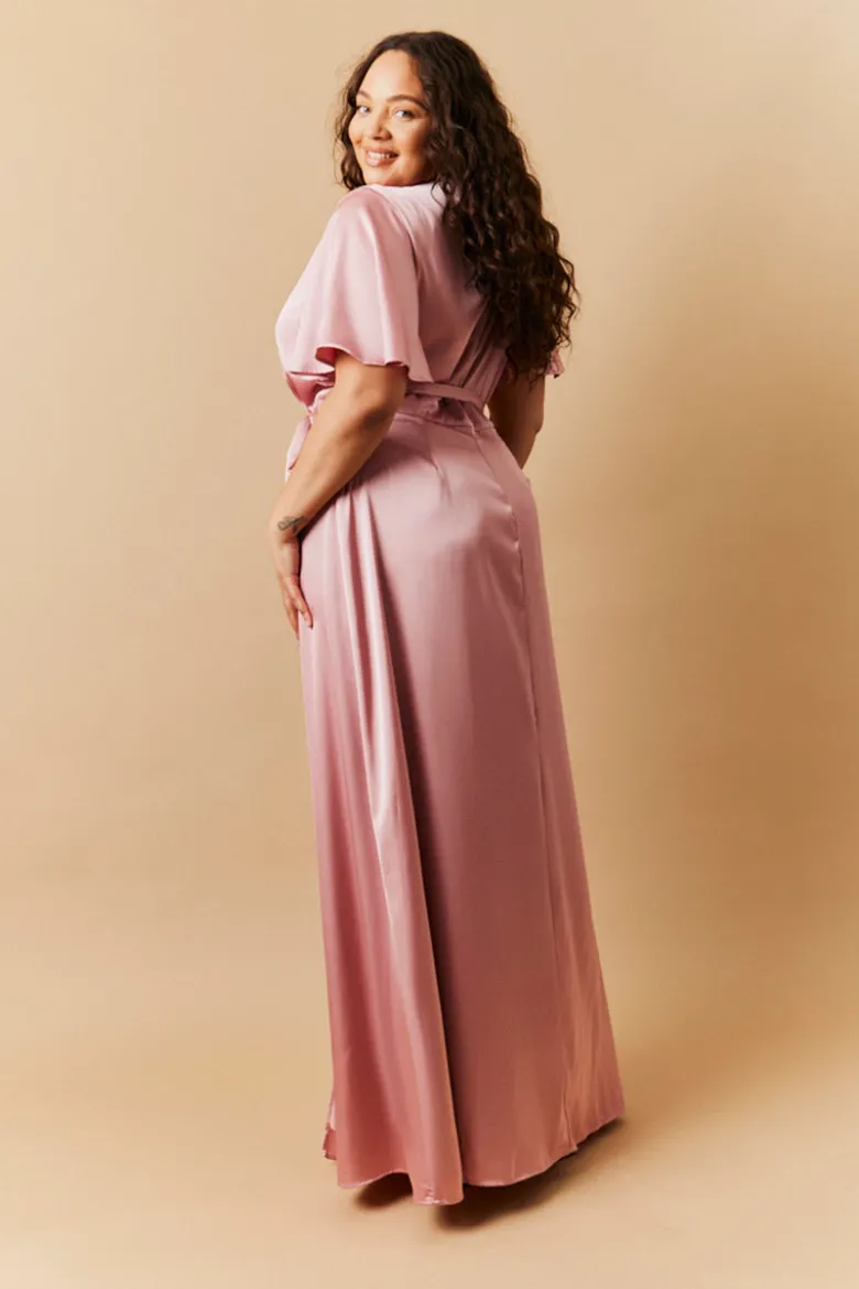 Rose Pink Satin Wrap Tie Angel Sleeve Maxi Dress