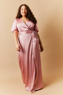 Rose Pink Satin Wrap Tie Angel Sleeve Maxi Dress