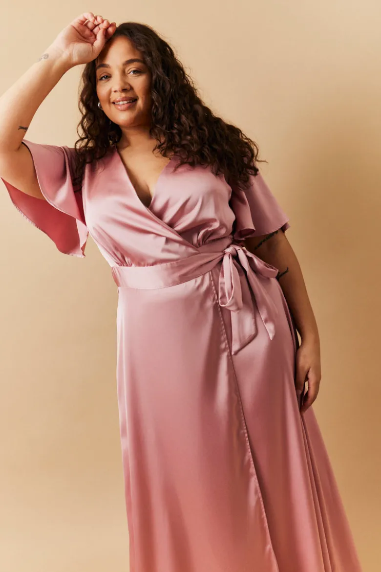 Rose Pink Satin Wrap Tie Angel Sleeve Maxi Dress
