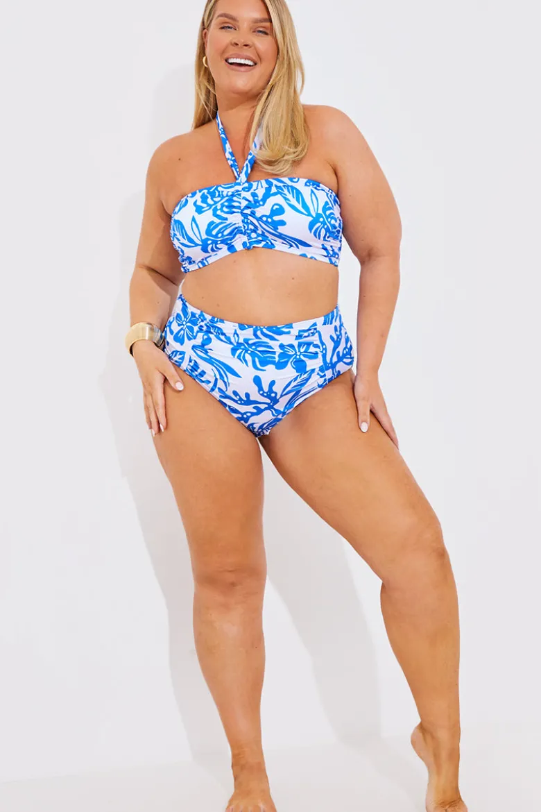Ruched Front High Waist Tropical Print Bikini Bottom