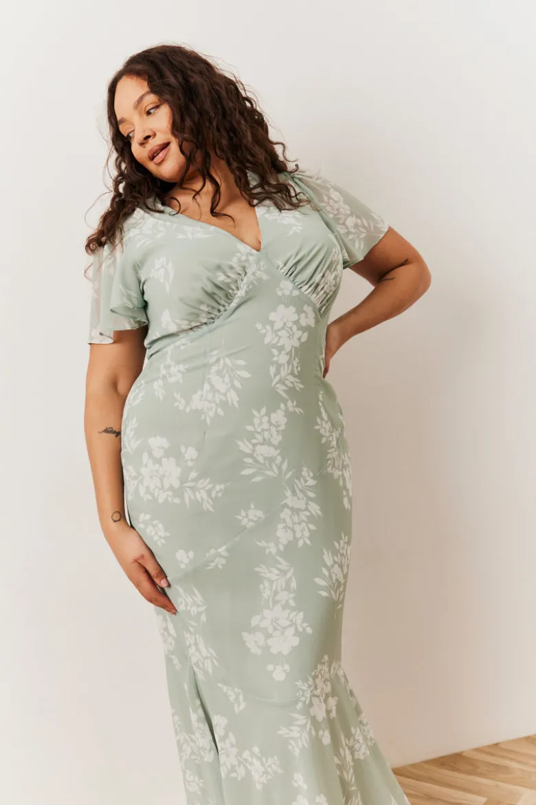 Sage Floral Print Chiffon Flutter Sleeve Maxi Dress