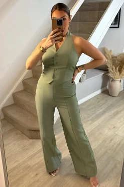 Sage Tailored Halterneck Waistcoat Wide Leg Jumpsuit