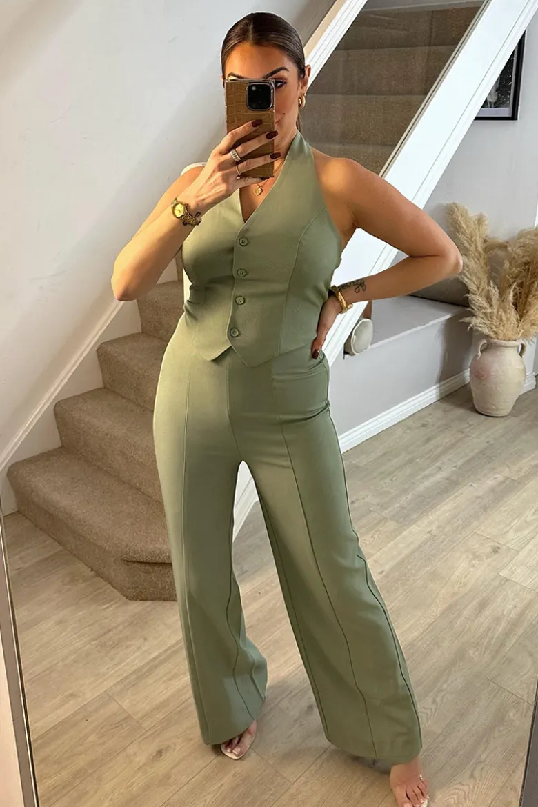 Sage Tailored Halterneck Waistcoat Wide Leg Jumpsuit