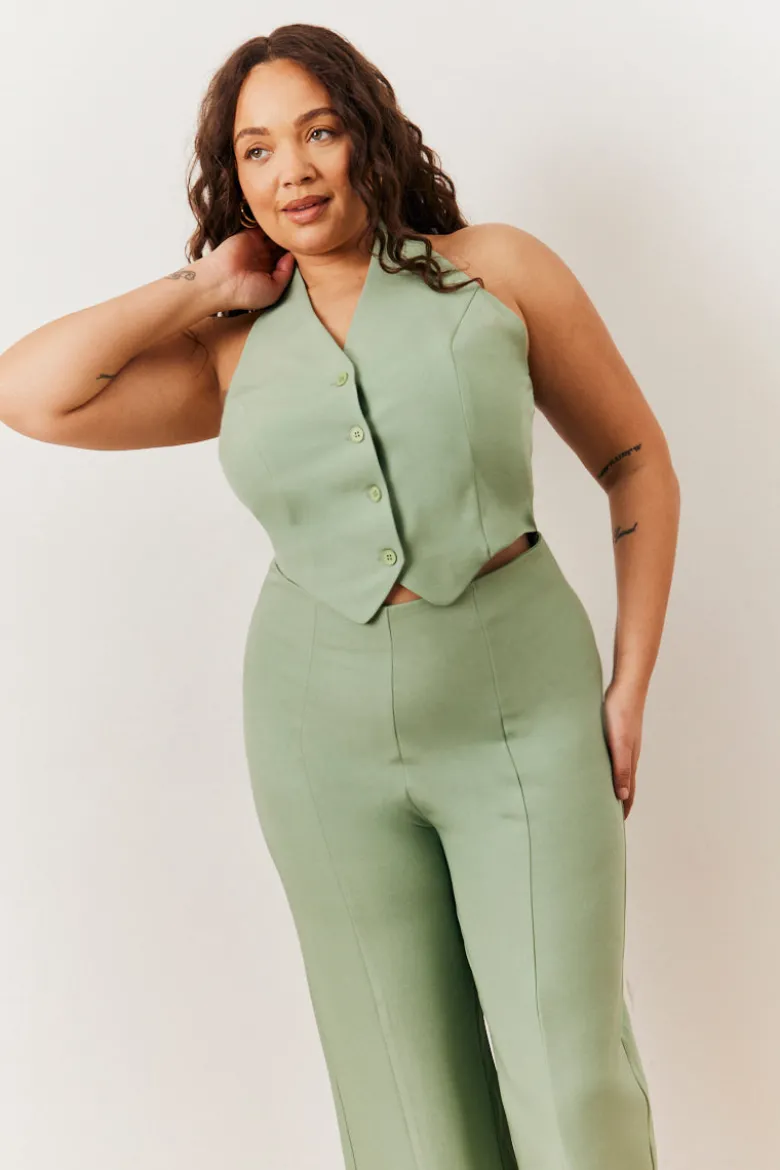 Sage Tailored Halterneck Waistcoat Wide Leg Jumpsuit
