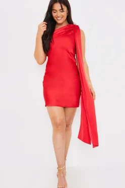 Satin Asymmetric Draped Neckline Mini Dress