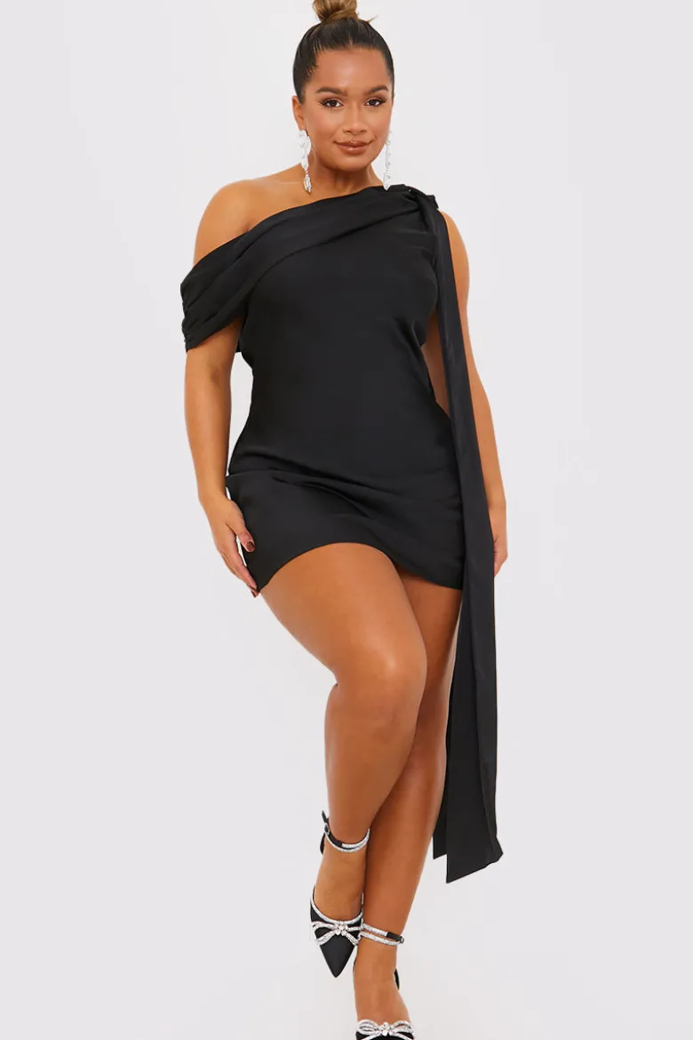 Satin Asymmetric Neckline Mini Dress