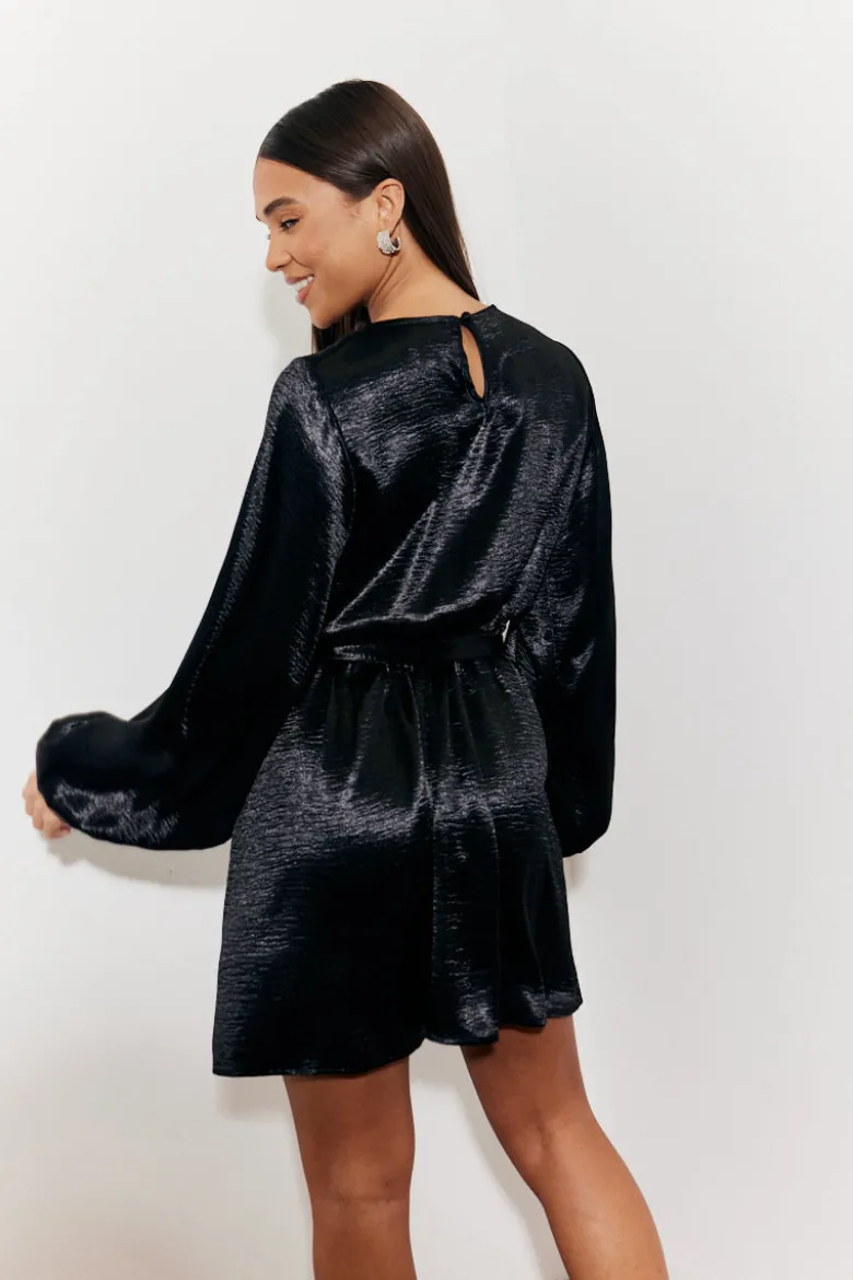Satin Balloon Sleeve Belted Mini Dress