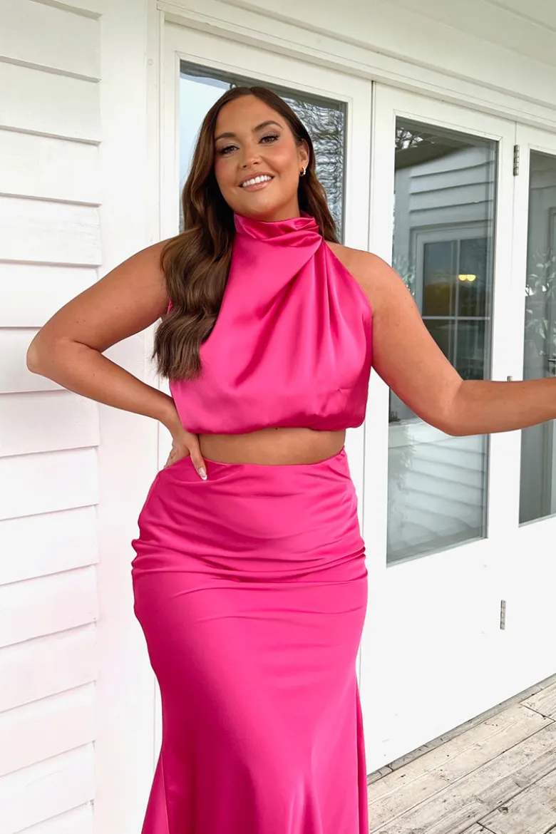 Satin Draped High Neck Co Ord Top