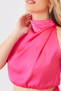 Satin Draped High Neck Co Ord Top