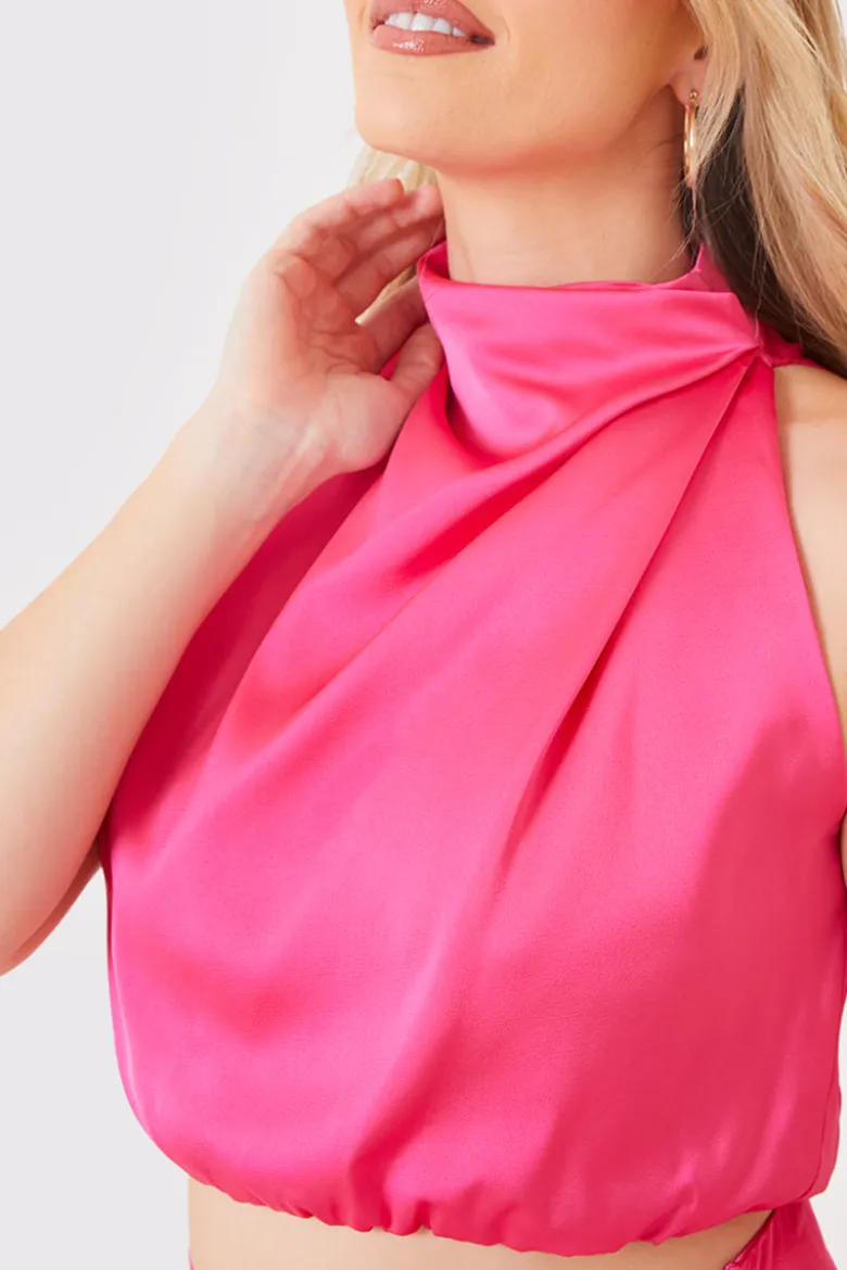 Satin Draped High Neck Co Ord Top