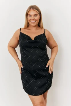 Satin Hotfix Cowl Neck Mini Dress