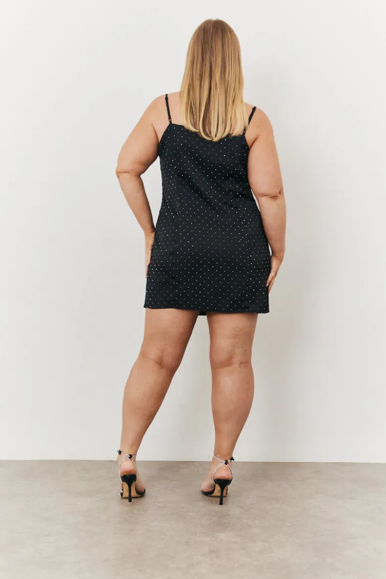 Satin Hotfix Cowl Neck Mini Dress