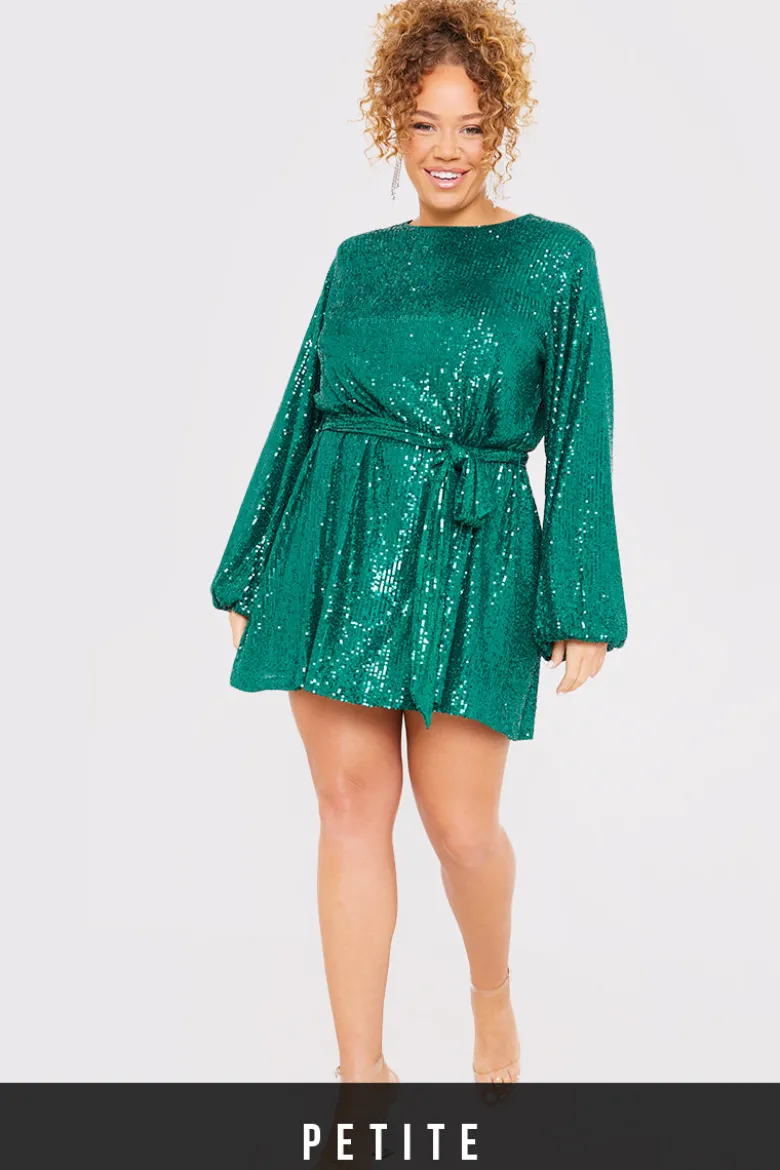 Sequin Belted Balloon Sleeve Mini Dress