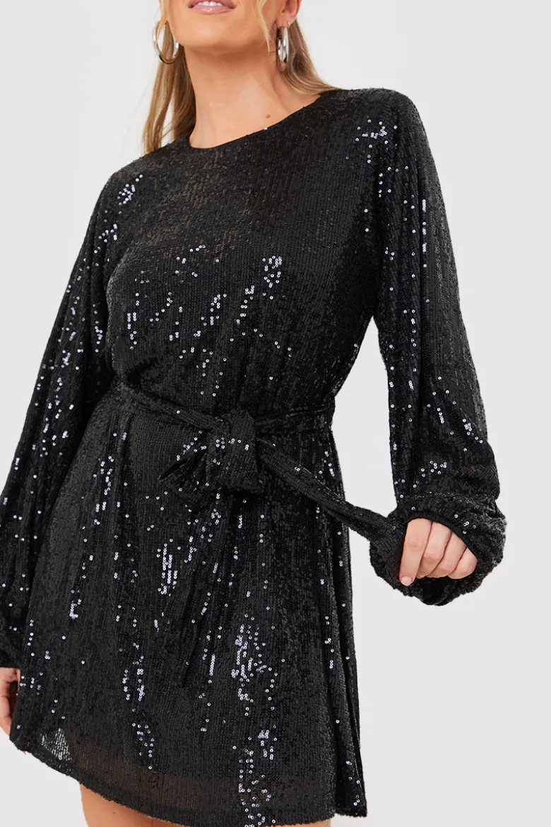 Sequin Belted Balloon Sleeve Mini Dress