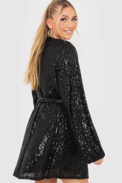 Sequin Belted Balloon Sleeve Mini Dress