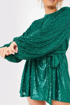 Sequin Belted Balloon Sleeve Mini Dress