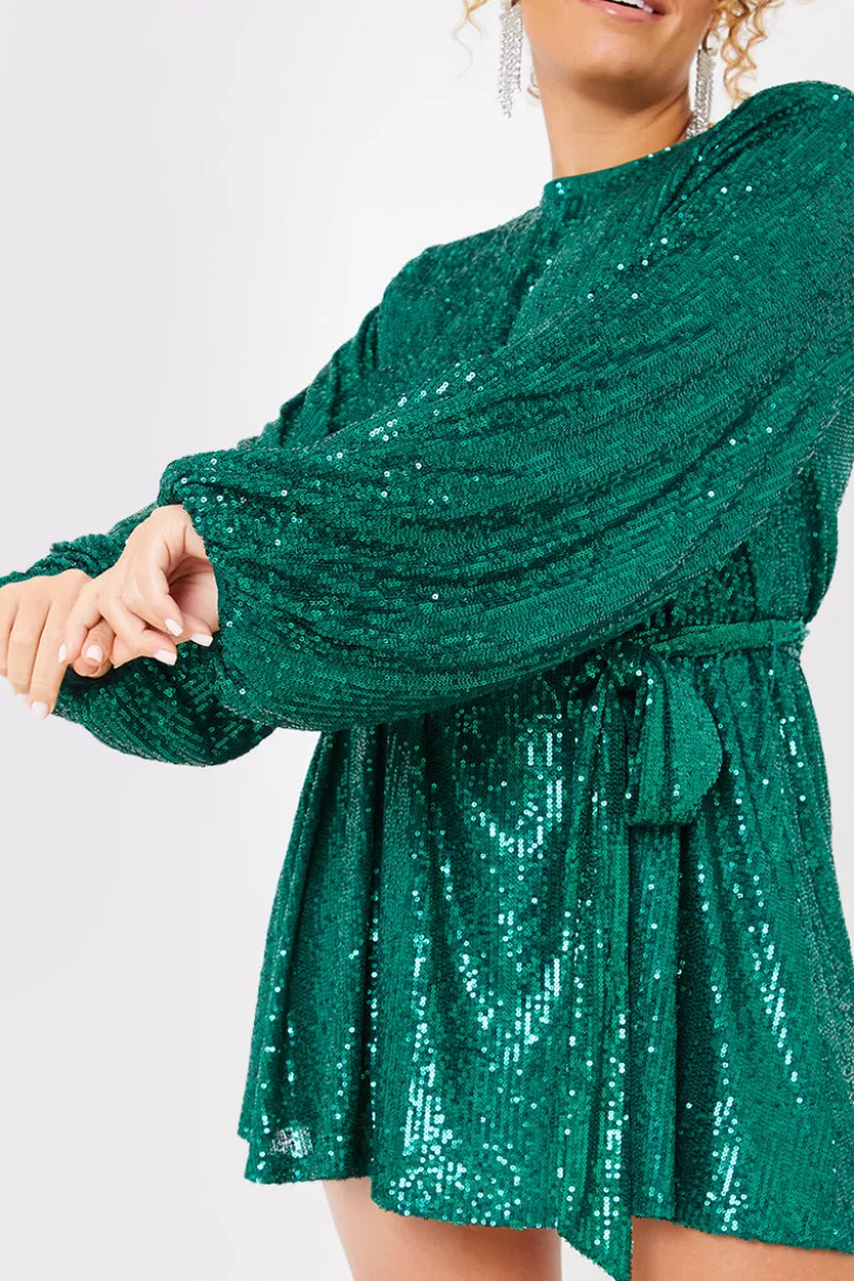 Sequin Belted Balloon Sleeve Mini Dress