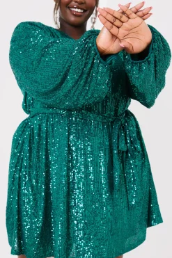 Sequin Belted Balloon Sleeve Mini Dress
