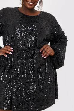 Sequin Belted Balloon Sleeve Mini Dress