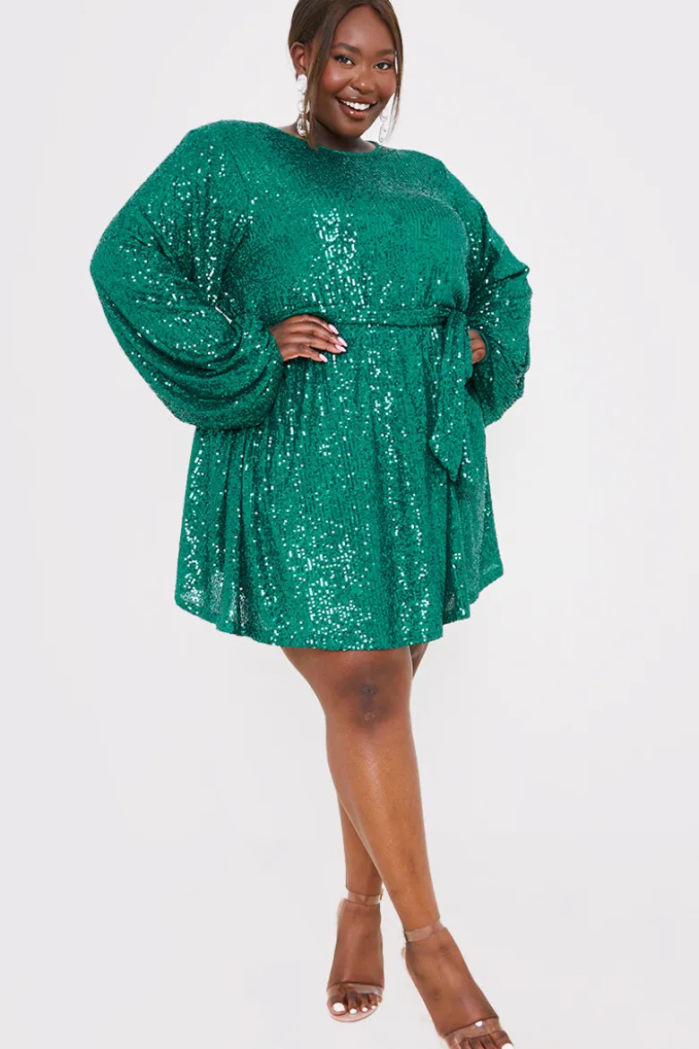 Sequin Belted Balloon Sleeve Mini Dress
