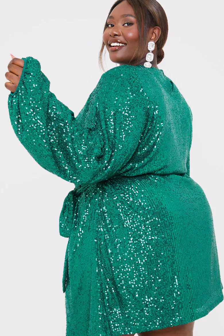 Sequin Belted Balloon Sleeve Mini Dress