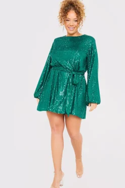 Sequin Belted Balloon Sleeve Mini Dress