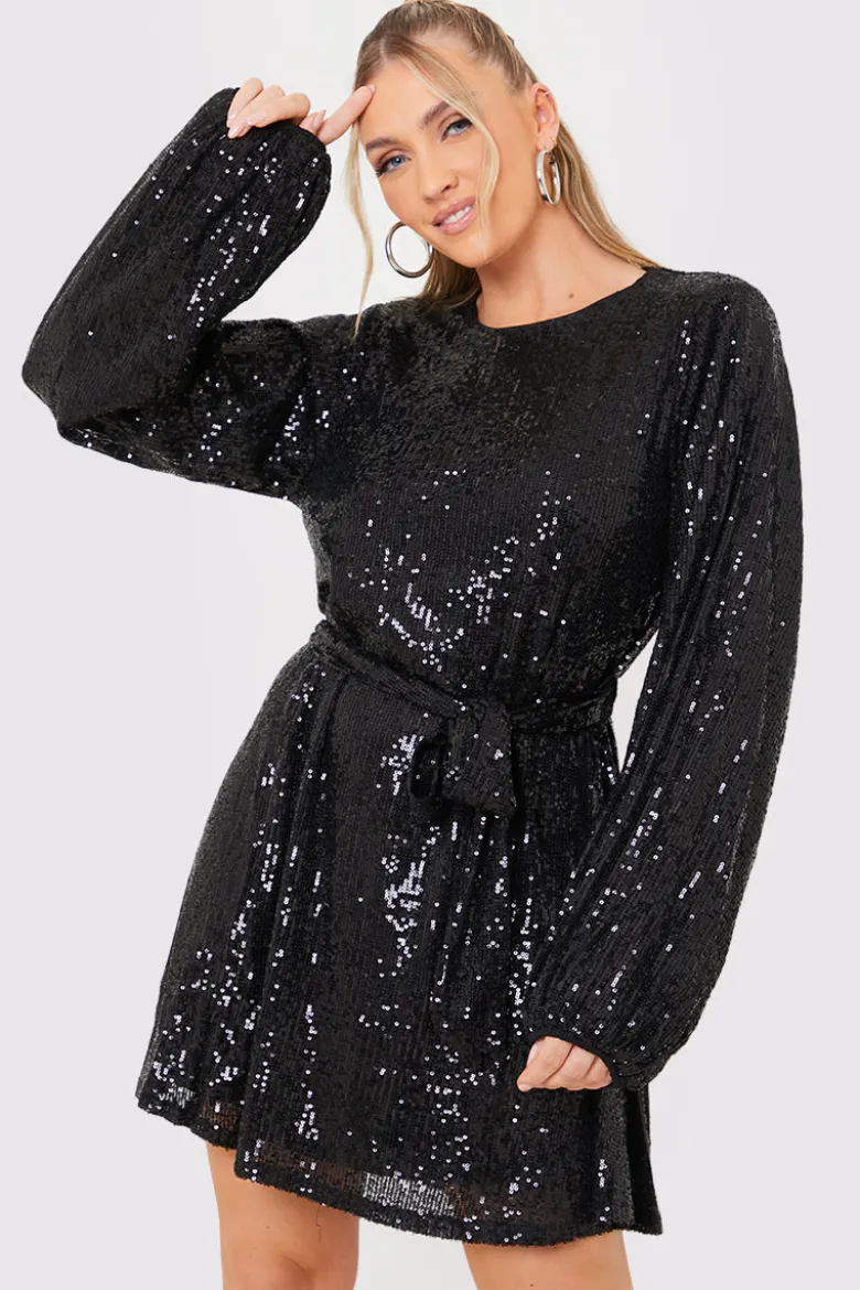 Sequin Belted Balloon Sleeve Mini Dress