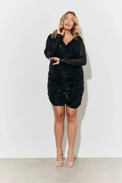Sequin Draped Frill Front Mini Dress