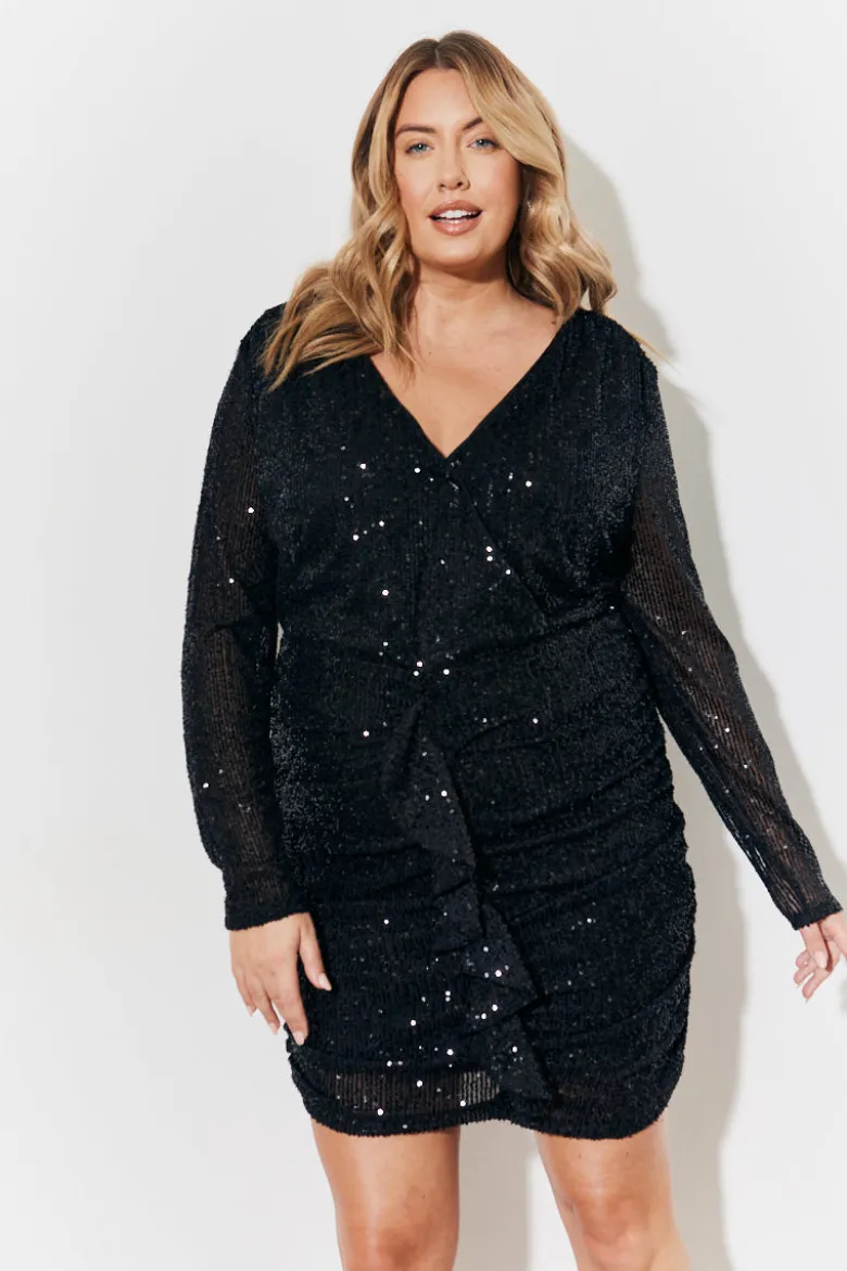 Sequin Draped Frill Front Mini Dress