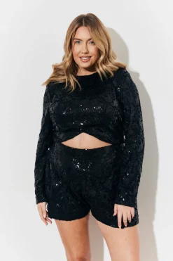 Sequin Lace Curve Hem Top
