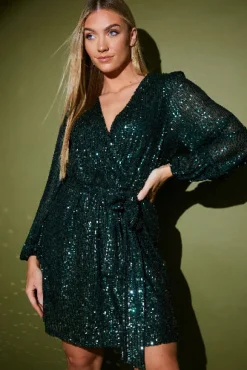 Sequin Wrap Balloon Sleeve Mini Dress