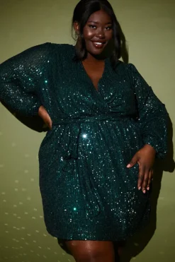 Sequin Wrap Balloon Sleeve Mini Dress