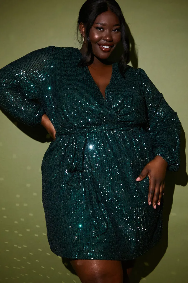 Sequin Wrap Balloon Sleeve Mini Dress