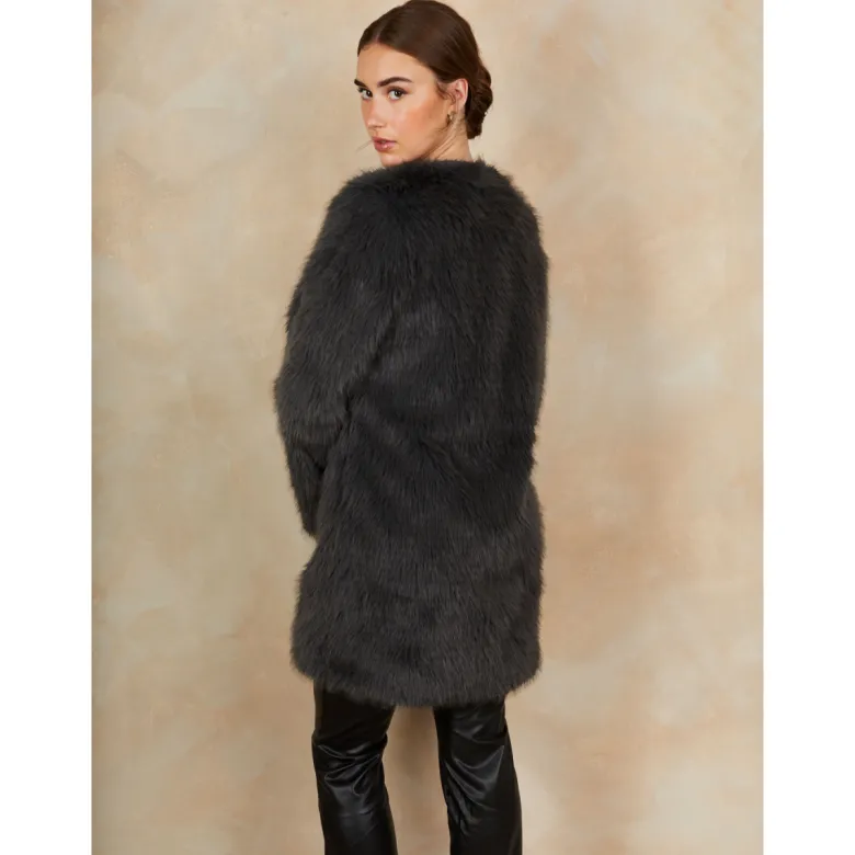 Shaggy Faux Fur Coat in Grey