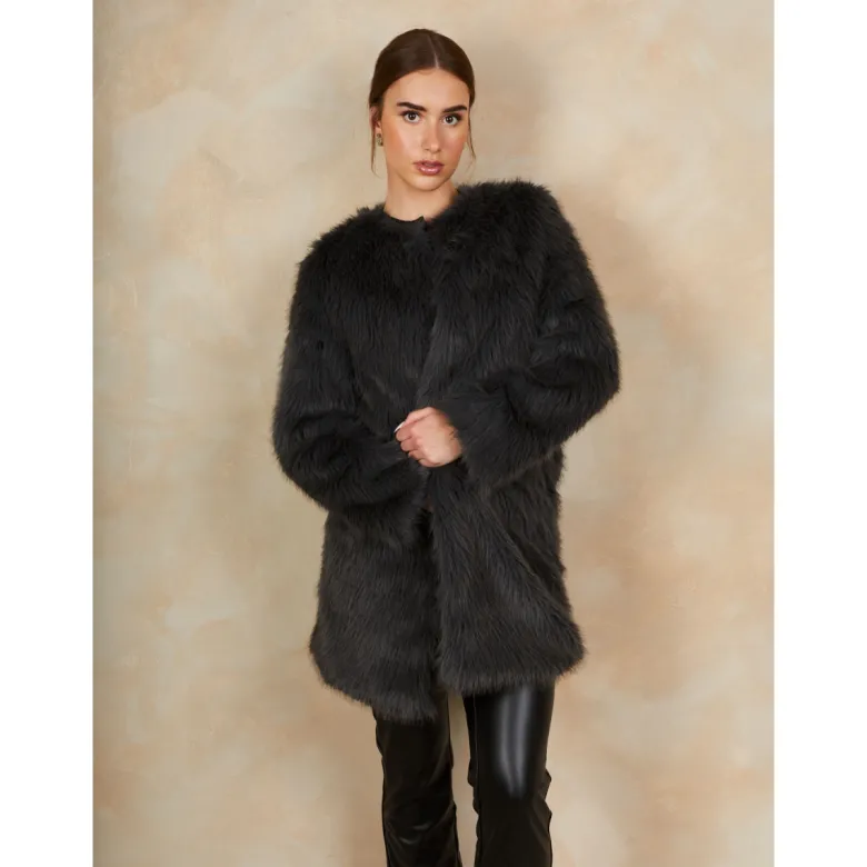 Shaggy Faux Fur Coat in Grey