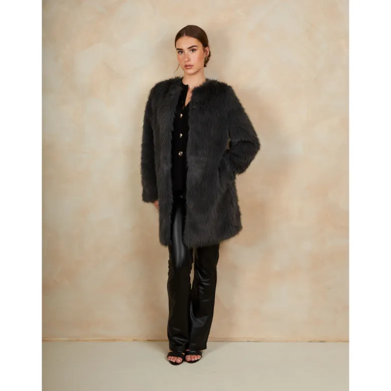 Shaggy Faux Fur Coat in Grey