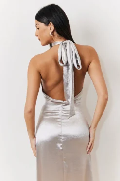 Silver Liquid Satin Halterneck Split Detail Maxi Dress