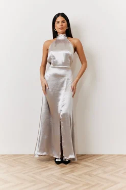 Silver Liquid Satin Halterneck Split Detail Maxi Dress