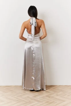 Silver Liquid Satin Halterneck Split Detail Maxi Dress