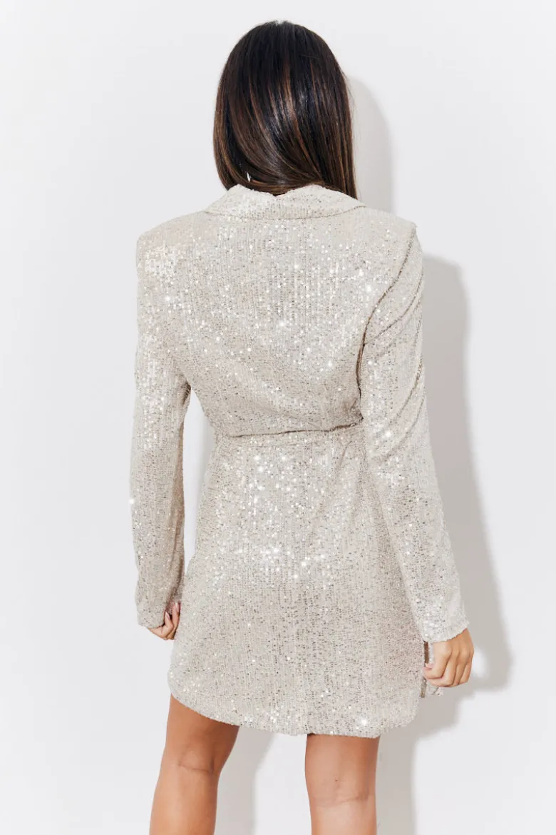 Silver Sequin Belted Blazer Dress