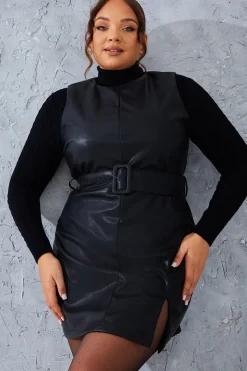 Sleeveless Belted Leather Look Dress