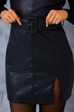 Sleeveless Belted Leather Look Dress