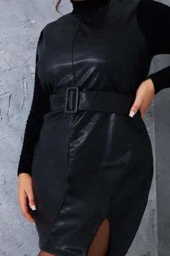 Sleeveless Belted Leather Look Dress