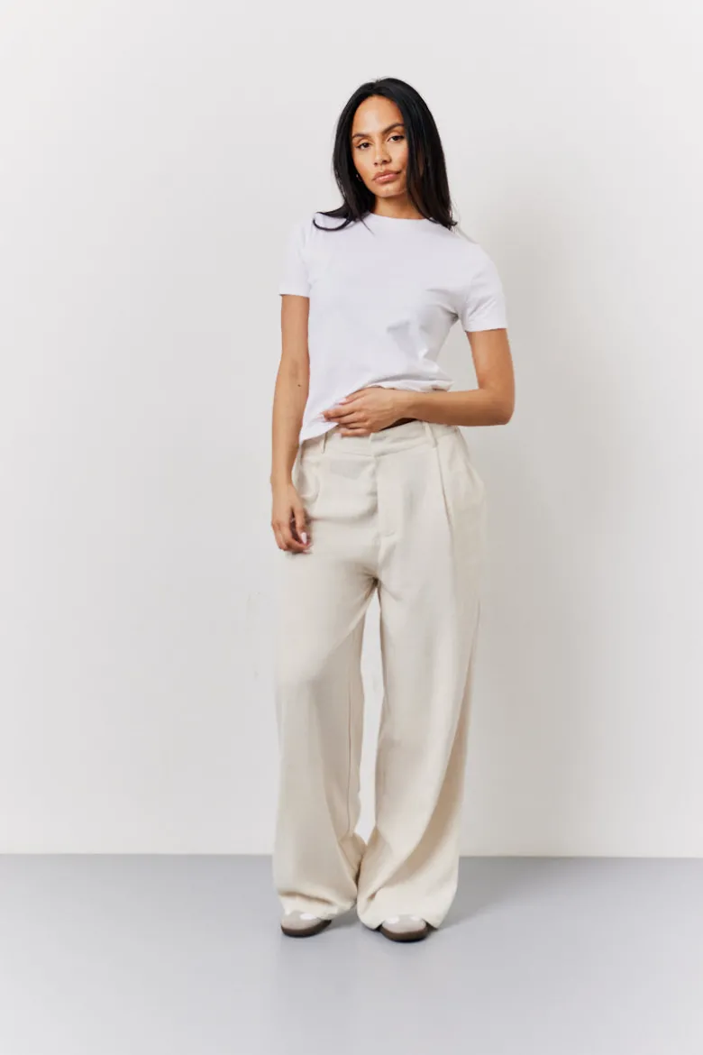 Stone Linen Blend Tailored Wide Leg Trouser