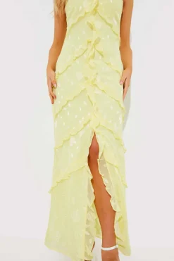 Strappy Floral Jacquard Ruffle Maxi Dress