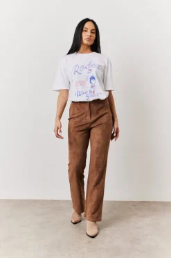Tan Faux Suede Straight Leg Trouser