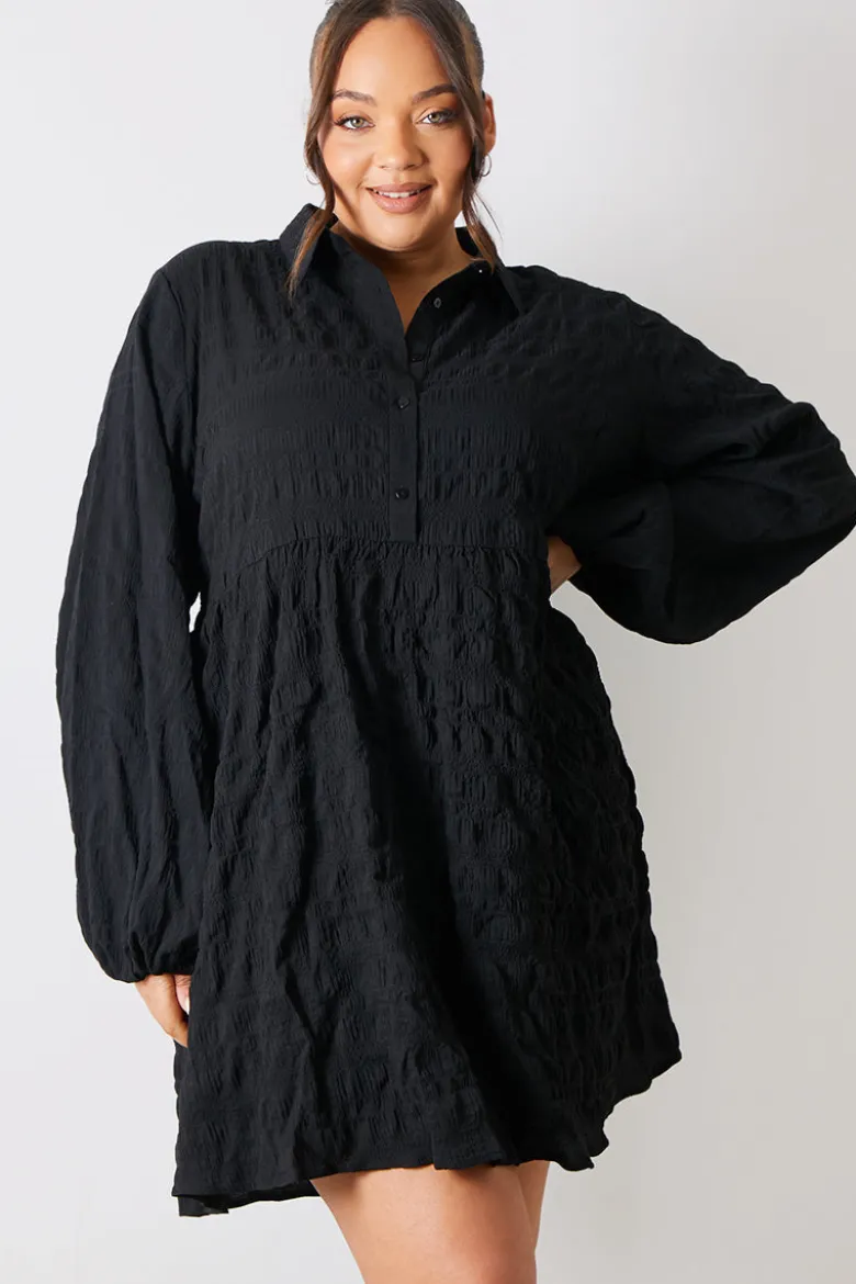 Textured Button Through Collared Smock Dress