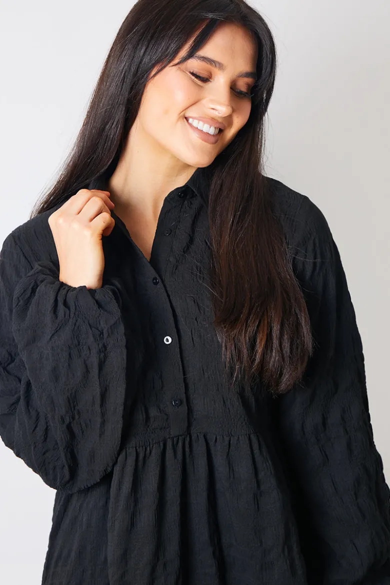 Textured Button Through Collared Smock Dress
